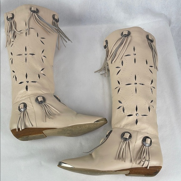 Wild Pair Cream Leather Boots with Geometric Laser Cut Out and Fringe - Picture 5 of 5